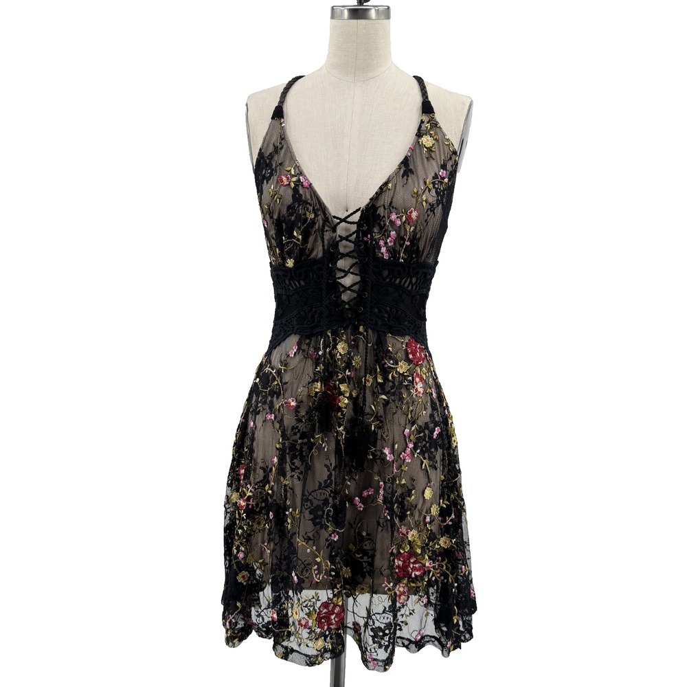 Sky Mini Dress Corset Womens S Black Floral Embroidered Lace Mesh Y2K Made USA - Picture 2 of 13